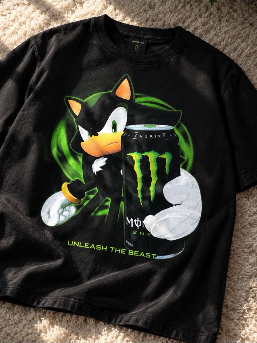 Gildan Black Tee with Green and White Sonic Monster Graphic